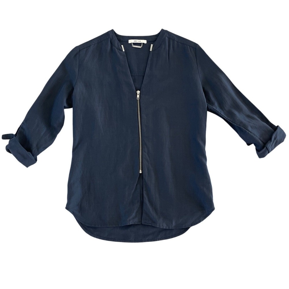 AMS Pure Blue Linen Silk Zipper Womens Top Roll Tab Sleeve US 6 Spain Minimalist